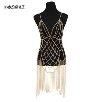 

IngeSight.Z Sexy Bikini Harness Aluminium Mesh Belly Chain Bohemian Multi Layered Tassel Body Chain for Women Jewelry Nightclub