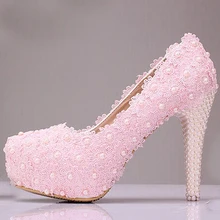 Free Shipping Pink Lace Flower Wedding Shoes Cheap Bridesmaid Shoes Woman Formal Dress Shoes Wedding Pumps