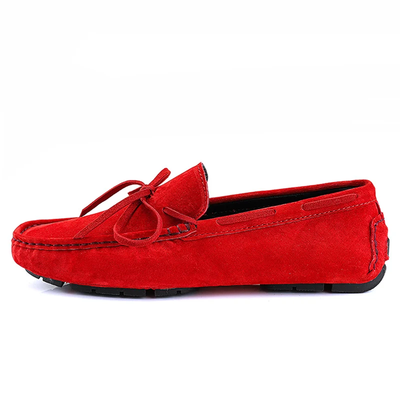 ALCUBIEREE New Arrived Fashion Solid Loafers Men Bowtie Lazy Shoes Suede Leather Moccasins Comfort Handmade Boat Smoking Shoes - Цвет: Red