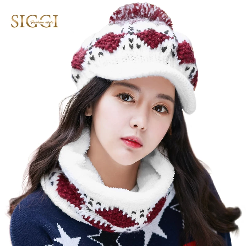 Women Winter Knitted Skullies&Beanies Wool Print Warm Ear Flap Pom Pom