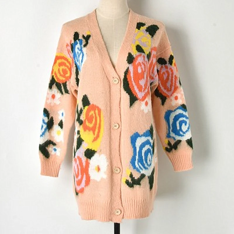 

2018 Autumn And Winter New MohairJacquard Sweater flower Sweater Coat Female Hit Color Cardigan Loose Type