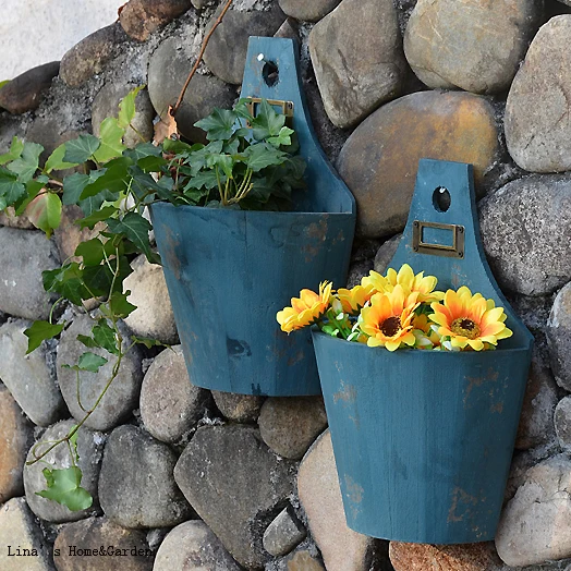Wall Hanging Shabby Chic Hand Painted Blue Crated Half Round Wooden Bucket Planter Flower Tubin