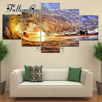 

FULLCANG diy 3d mosaic full embroidery "sunset waves" diamond painting 5 panel pictures of rhinestone hobbies and crafts G1209