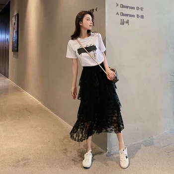 

2019 Korean Summer Short Sleeve Print Shirts Elegant Hollow Lace Elegant 2 Piece Set Women Fashion Skirt Sets Conjunto Feminino