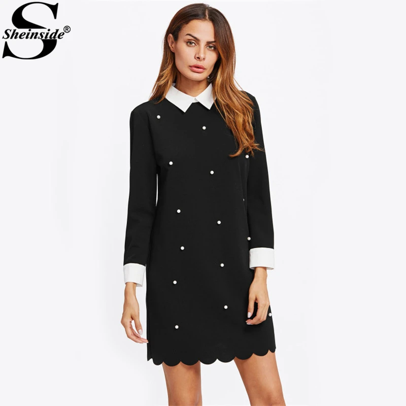 

Sheinside Pearl Beading Contrast Trim Scalloped Dress Fashion Cut Out Long Sleeve Shift Dresses Women Elegant Dresses