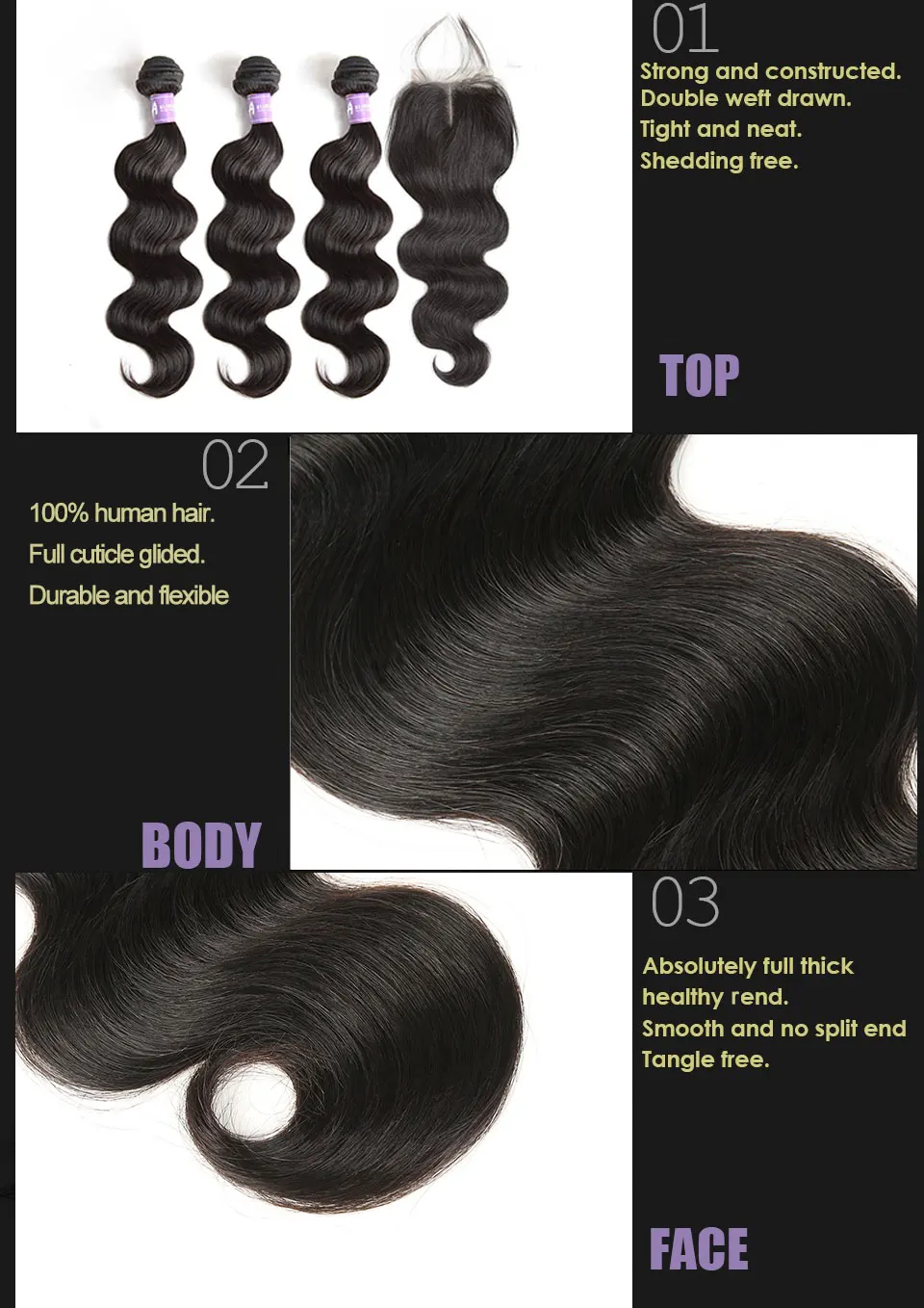Alimice Peruvian Body Wave Hair 3 Bundles Human Hair Weave Bundles Hair Weft With Closures With Bundles Non Remy Hair Extensions (15)