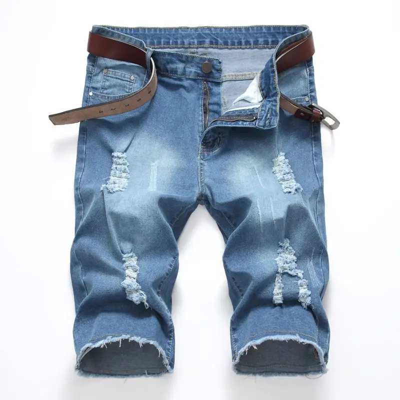 

New 2019 Cross Border Source Men s Jeans Shorts Elastic Hole Grinding Shorts Explosive Blue