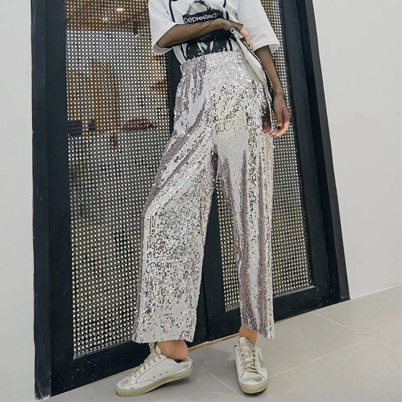 

Women Glitter Sexy Dinner Pants Spring Ladies Elastic High Waist Wide Leg Pants Loose Fashion Summer Clubwear Beach Wear Trouser