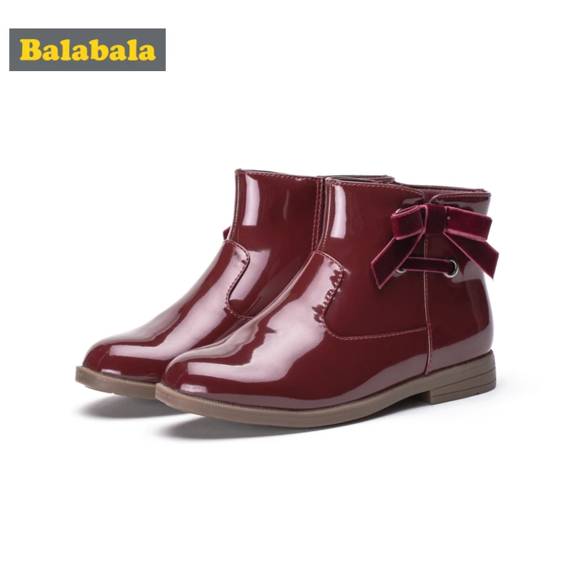 

Balabala Toddler Girl Patent Leather Fleece-Lined Boots with Decorative Velvet Bow Tie for Kids Girl with Zip Closure at Side