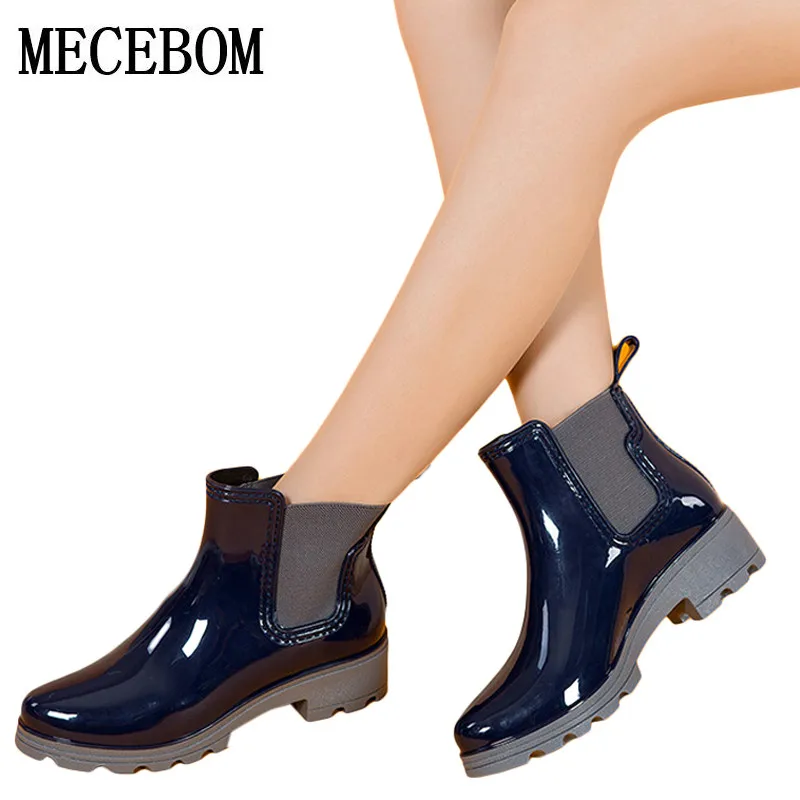 2017 Platform Rain Boots Ladies Rubber Ankle Boots Low Heels Women