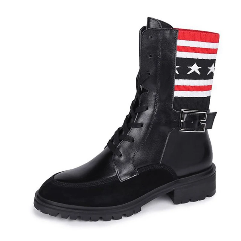 

Size 35-39 Striped Stars Printed Lady Boots with Stretch Fabric Big Girls Fashion Biker Boots Girls Combat Boots