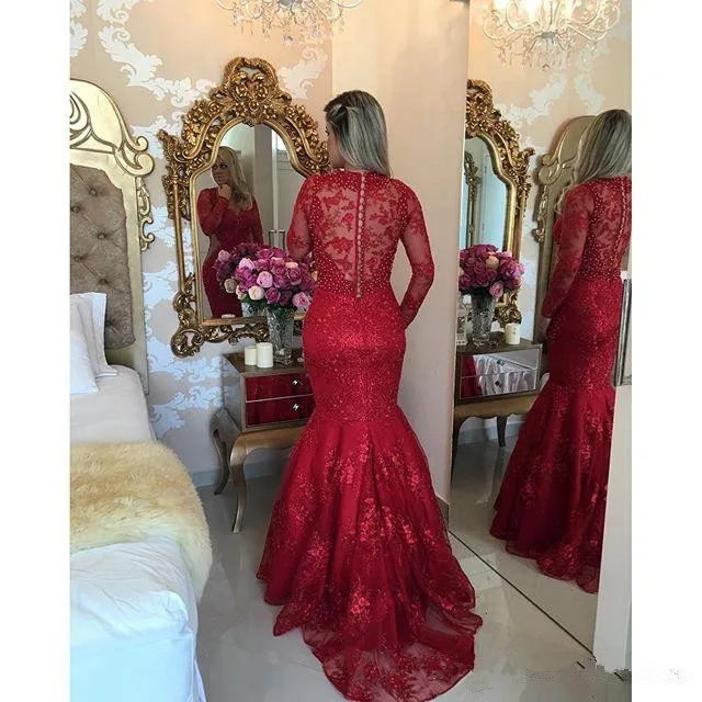 Red-2019-Prom-Dresses-Mermaid-V-neck-Long-Sleeves-Pearls-Lace-Sexy-Party-Maxys-Long-Prom (2)