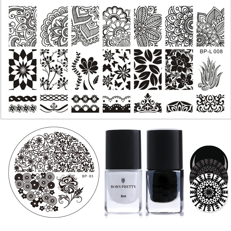 

BORN PRETTY 4 Pcs Stamping Polish Plate Nail Set 6ml Black White Polish Flower Leaf Tree Image Template