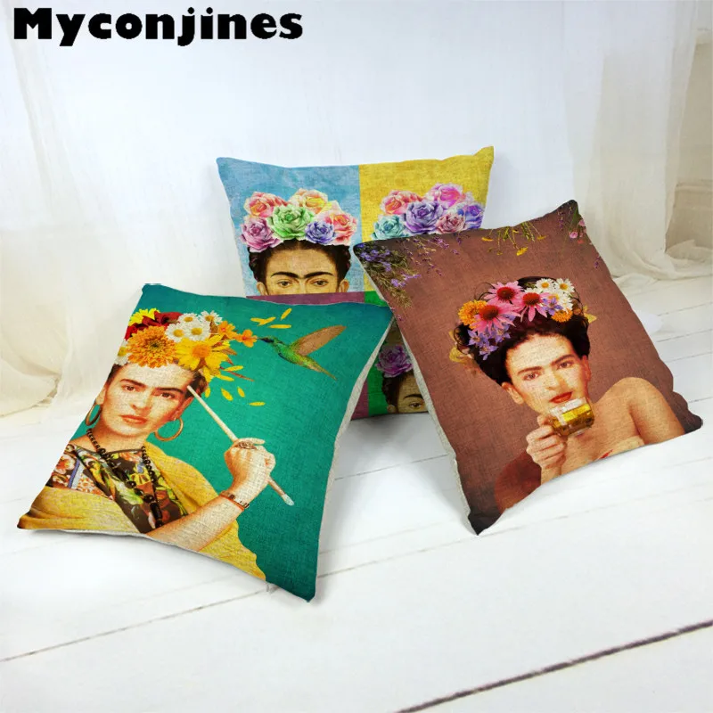 

Car-covers Cushion Cover Frida Kahlo Throw Pillowcase Firm Flower Butterfly Linen Cotton Self-portrait 1 Side Print Home Decora