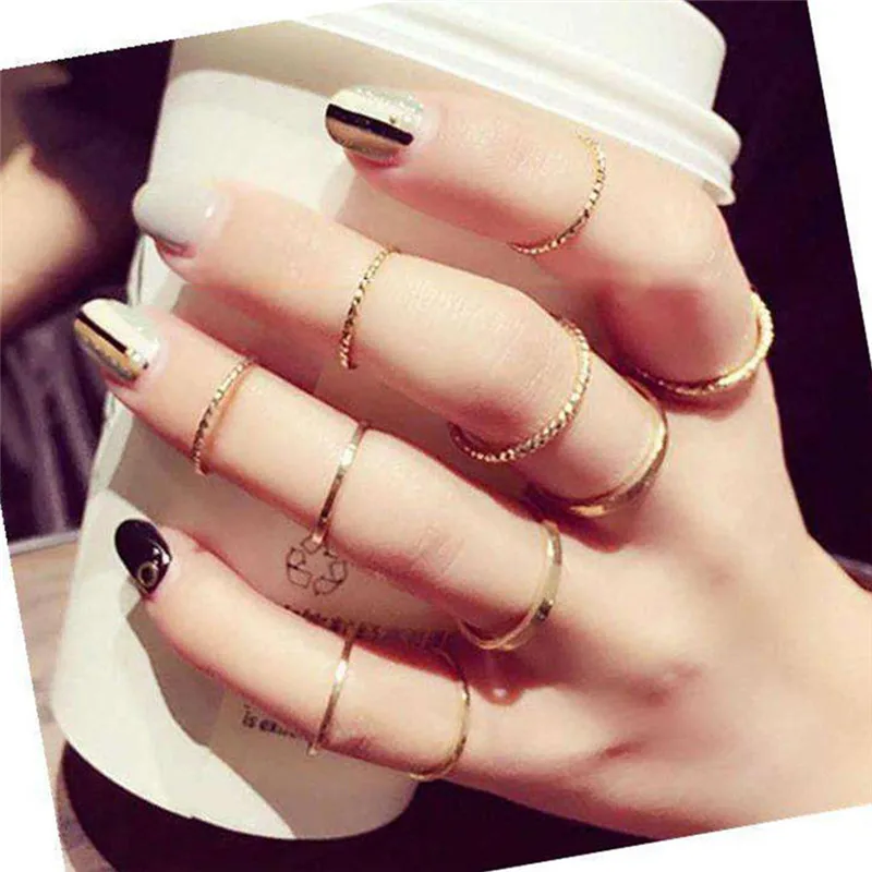 

TTLIFE 10PCS/Set Fashion Simple Design Knuckle Ring Vintage Gold Color Joint Rings Sets for Women Party Jewelry 2019