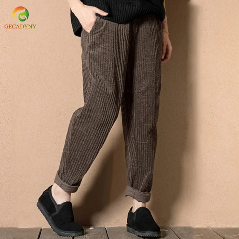 

Autumn Winter Female Loose Trousers 2019 New Fall Women Elastic Waist Corduroy Harem Pants Vintage Bloomers Pants Plus Size 3XL