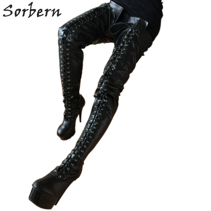 

Sorbern Sexy Fetish Boots Women 15Cm Platform 80Cm Crotch Thigh High Burlesque Heel Lace Up Zip Black Matte Custom Colors