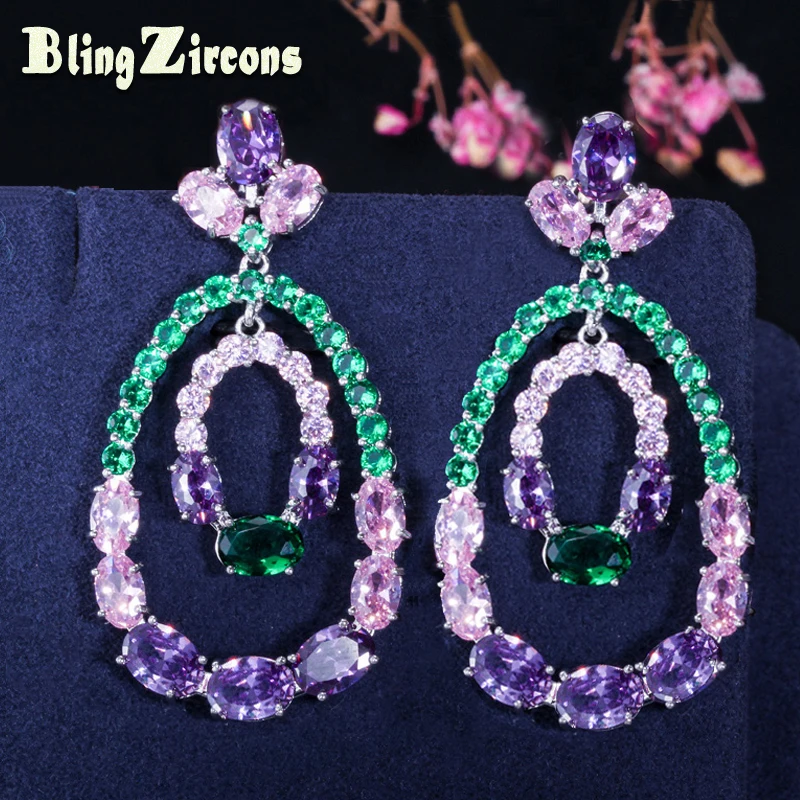 

BeaQueen Shiny Green Purple Pink Cubic Zirconia Setting Hollow Out Large Multicolor Statement Earrings Bohemian Jewelry E124