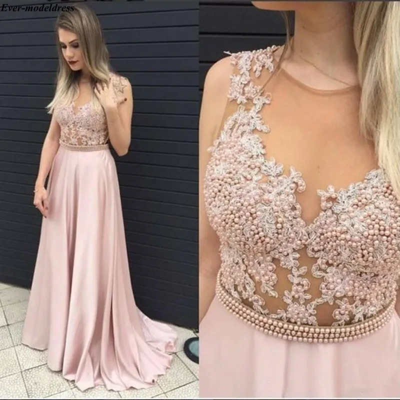 

Charming Pink Sheer Neck A-Line Prom Dresses Appliques Pearls Beaded Graduation Party Gowns Sweep Train vestidos de gala