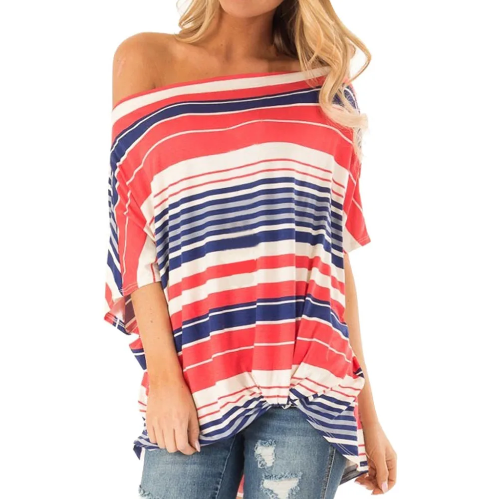 

Fashion Womens Ladies Short Sleeve One Shoulder striped shirts women shirts Knot Casual Blouse Top