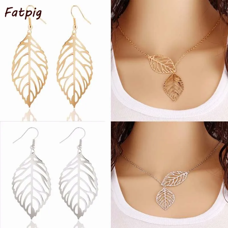 

2Set Leaves Silver/ Yellow Color Hollow Dangle Drop Earrings Necklace Jewelry Sets Nice Gift for Women Lady Children