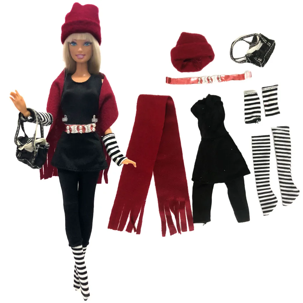 

NK New One Set Casual handmade Winter Clothing Dress + Shoes +Long Socks+ Hat + Scarf + Bag For Barbie Doll Accessories 233A DZ
