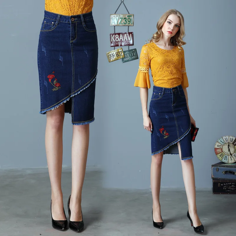 Плюс размеры джинсы для женщин юбки Европа Америка High Street вышивка цветочный Джинсовая юбка карандаш Нерегулярные длина пикантные Faldas 4XL - Цвет: blue
