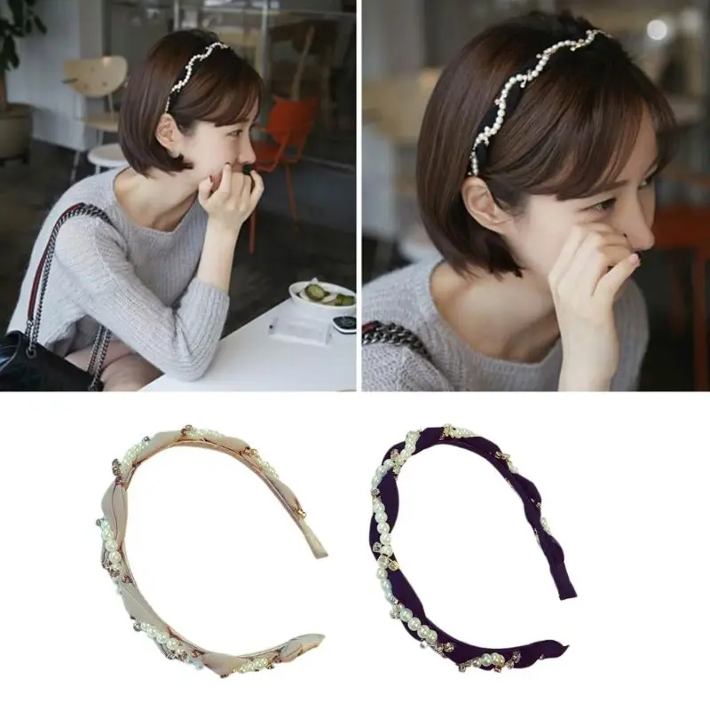 

Korean Ladies Luxury Imitation Pearls Rhinestone Hair Hoop Braided Spiral Chiffon Cloth Headband Vintage Beaded Casual Headpiece