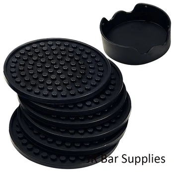 

Coasters Set of 6 in Holder - Protect Furniture From Water Marks & Damage - Good Grip, Deep Tray, Large 4.3 inch Size (Black)