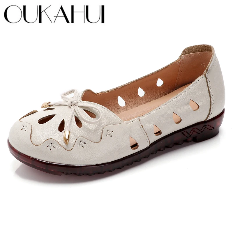 

OUKAHUI Breathable Genuine Leather Summer Shoes Woman Flats 2019 Hollow Comfortable Ladies Leather Loafers Soft Casual Shoes New