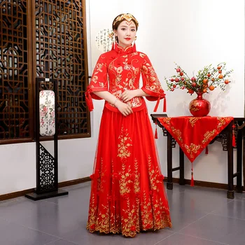 

Large Size 3XL Half Sleeve Bride Dress Red Embroidery Floral Women Cheongsam Suit Chinese Marriage Clothes Vintage Long Qipao