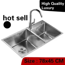 Квартиры Роскошные мыть овощи Кухня ручная раковина двойной паз 304 нержавеющая сталь высокого качества 78x45 см