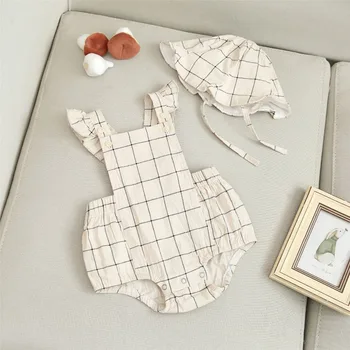 

2019 New Style Girls Plaid Ruffles Rompers Summer Cotton Sleeveless Kids Jumpsuit 0-2 Years