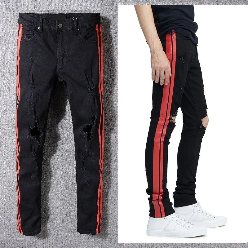 New Italy Style #5333# Men's Distressed Hollow Out Pants Red Sides ...