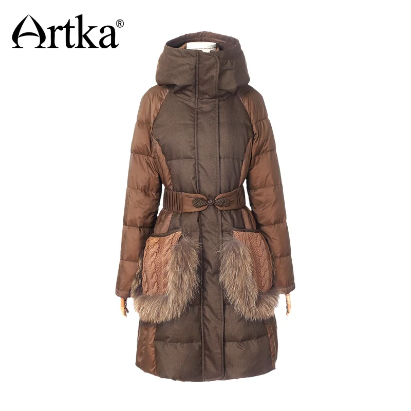 ARTKA Winter Parka Women Down Jacket With Adjusted Belt Patchwork Windbreaker Female Raincoat 2018 Fur Parka Overcoat CK16230D
