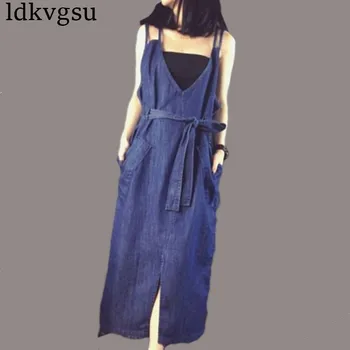 

Denim Long Strap Dress Women Deep V-neck Backless Loose Large Size Dress With Belt Female Sleeveless Pocket Summer Dress hl029