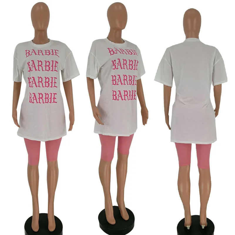 Женский комплект из двух предметов, комплект одежды, летняя Горячая Распродажа, повседневная розовая футболка с круглым вырезом и буквенным принтом, женские футболки с коротким рукавом и длинными рукавами