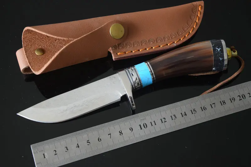 

Trskt Damascus Fixed Blade Knife Survival Knives Outdoor Camping EDC Tool Ox horn Handle Collection knife With Leather sheath
