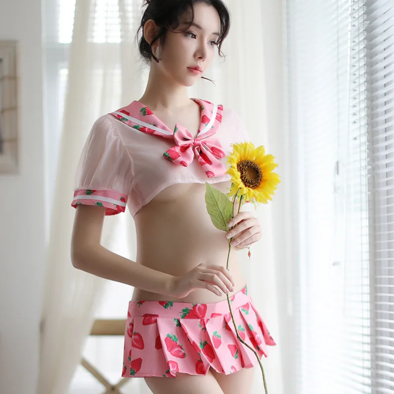 

OUIRRY Sexy Perspective Underwear Student Uniform Attracting Strawberry Printed Sailor OL Suit Lingere Sexy Javascript: