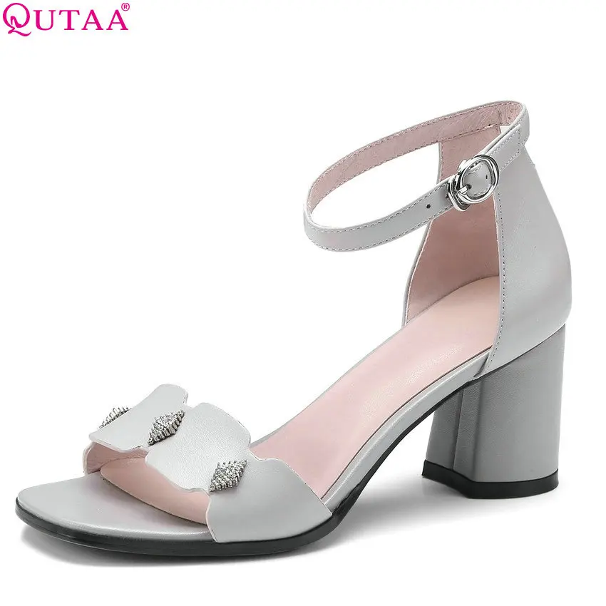 

QUTAA 2018 Women Sandals Square High Heel Women Shoes Out Door Genuine Leather Simple Summer Sandals Women Sandals Size 34-42