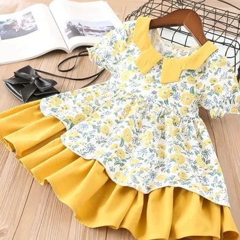 

2019 Summer Baby Girl Dress Peter pan Collar Floral Flower Short Sleeve Cotton Casual Dress Kids Clothing 2-6Y LT012