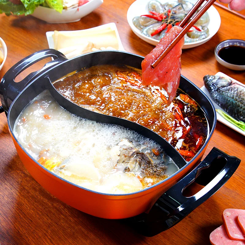 

220V Multifunctional Electric Hot Pot Cooking Frying Electric Barbecue Grill Machine 2 Favor Household Non-stick Cooking Curry