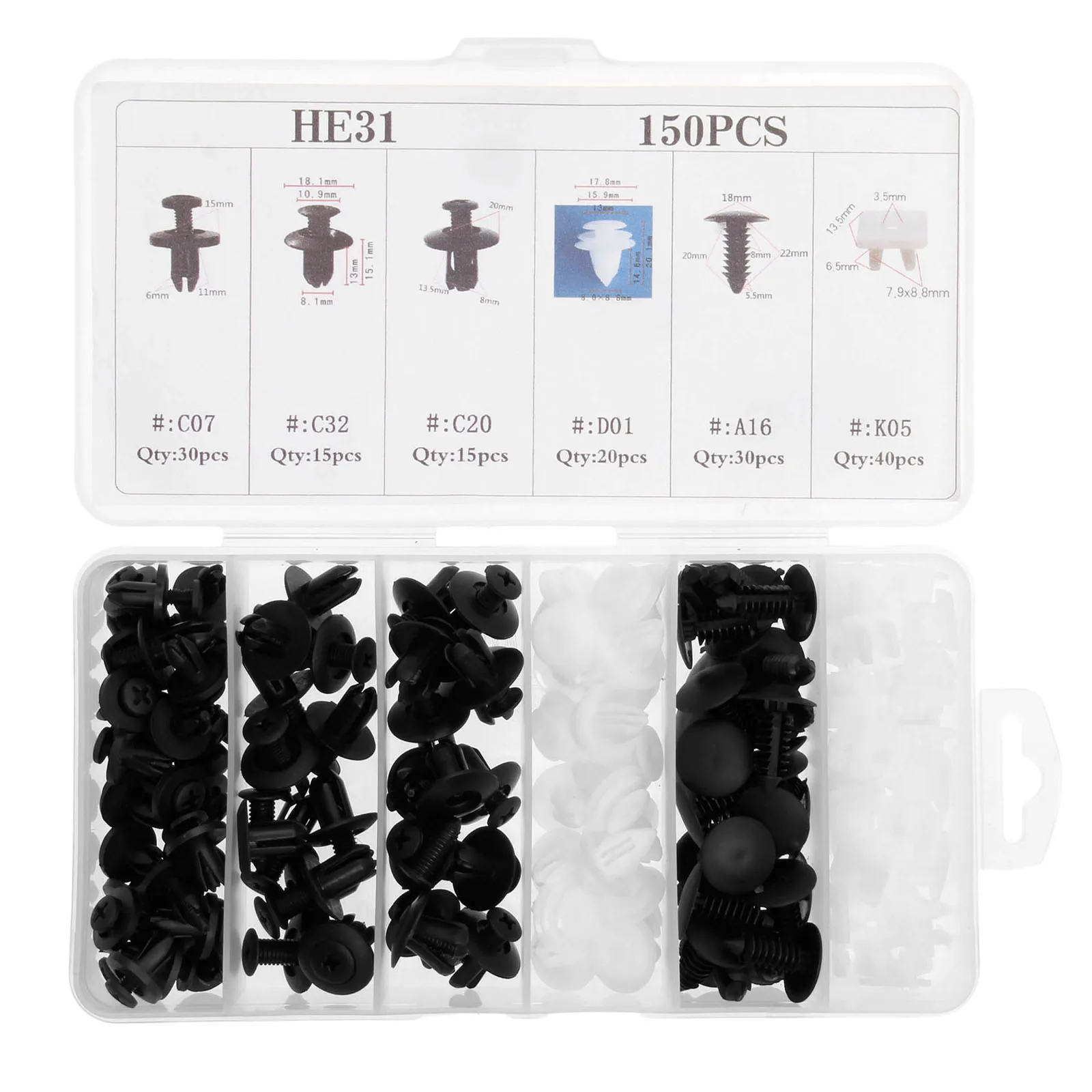 

150Pcs Mixed Auto Fastener Universal Car Nylon Clip Boxed Packing Fender Door Plank Fixed Clamp Fastener for Toyota Honda Mazda