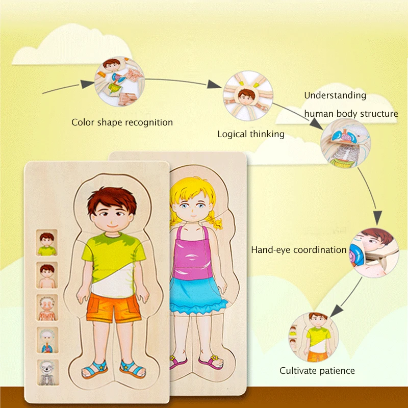 Монтессори, игрушки для детей, раннее обучение, головоломка, деревянные игрушки, человеческое тело, пазлы для мальчиков и девочек, структура тела
