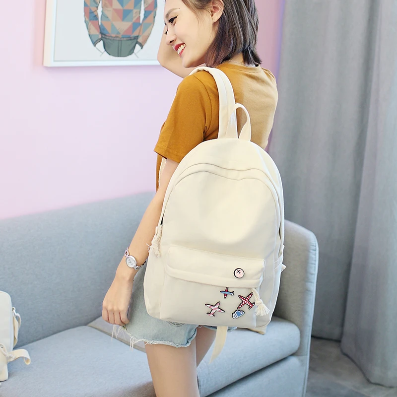 Menghuo 5 Pcsset Women Backpacks Cute Plane Badge School Bags For Teenage Girls Simple Canvas Backpacks Ladies Shoulder Bags (24)