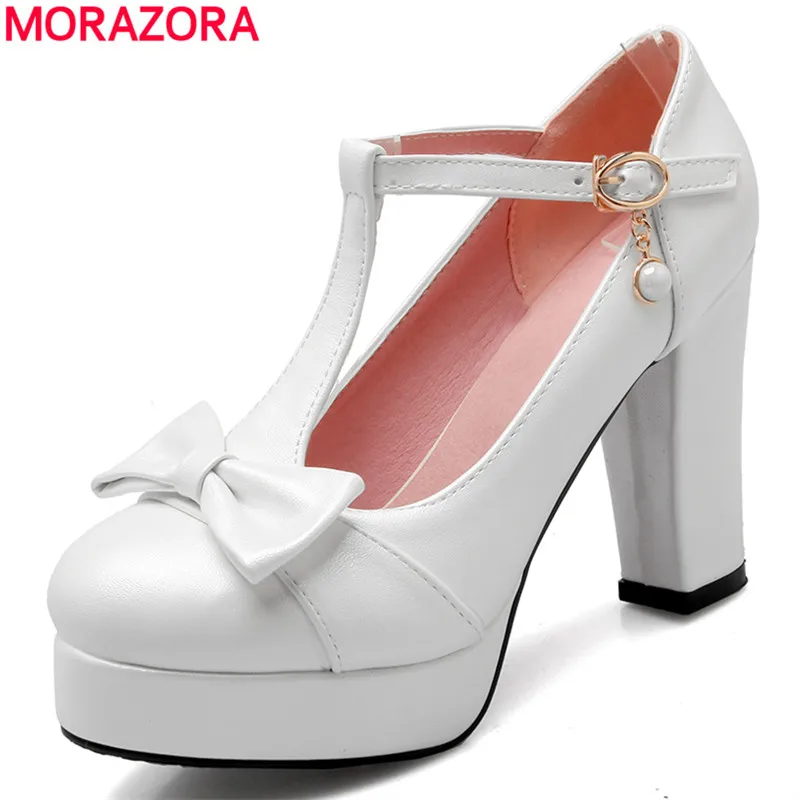 ФОТО MORAZORA Newest thick high heels 10cm t -strap women pumps round toe platform shoes woman solid candy color sexy party shoes 
