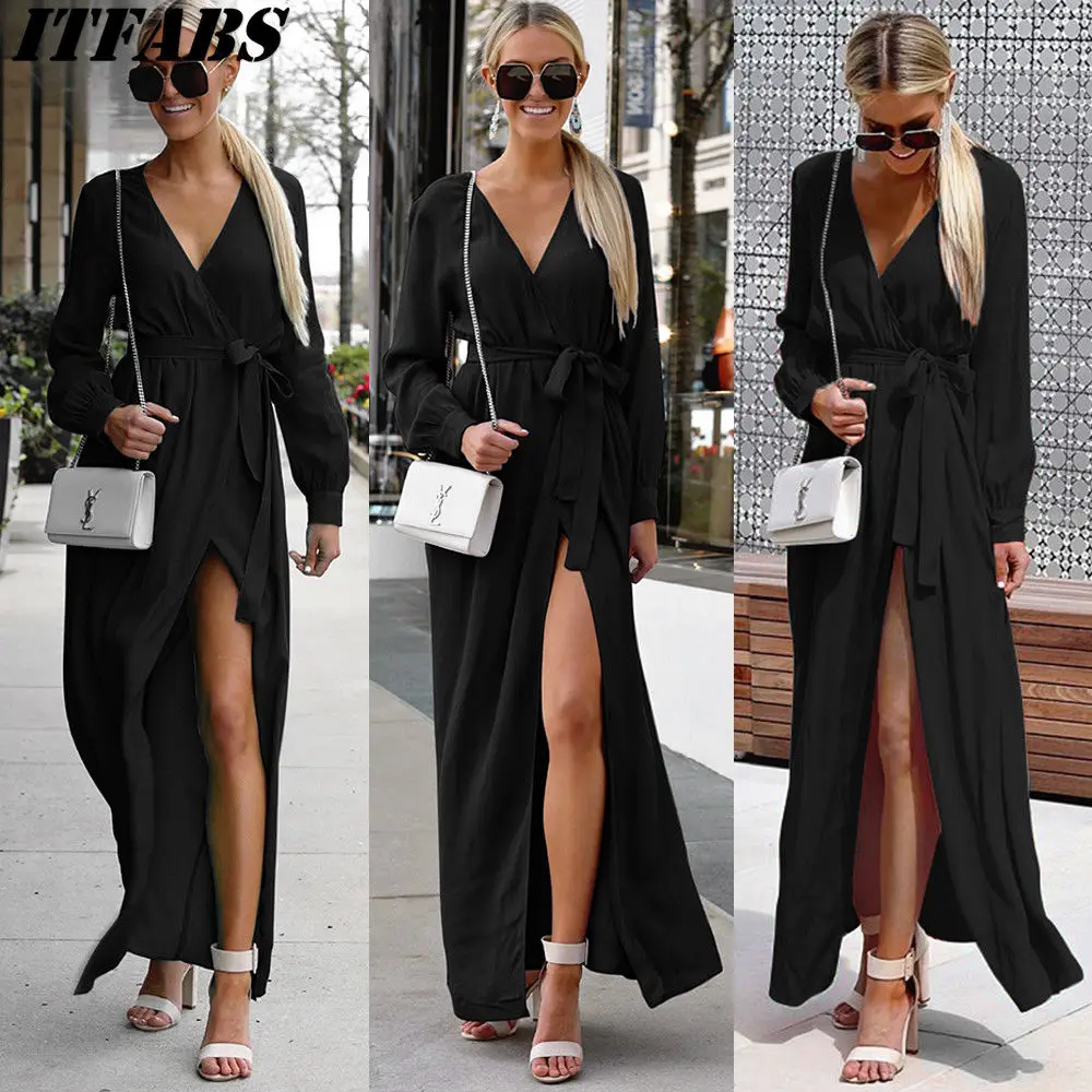 

Women Long Maxi Dresses Bohemia V-neck Long Sleeve Solid Sashes Ethnic Summer Beach Female Split Stylish Style Dress