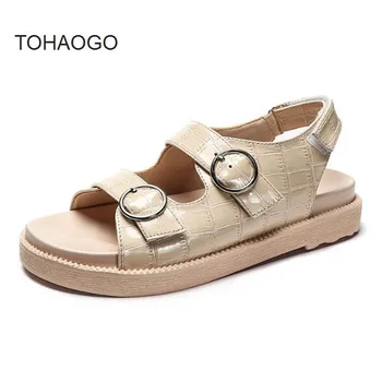 

New sandals female summer open toe flat beach shoes Thick bottom large size PU black Women's shoes Casual women's sandals