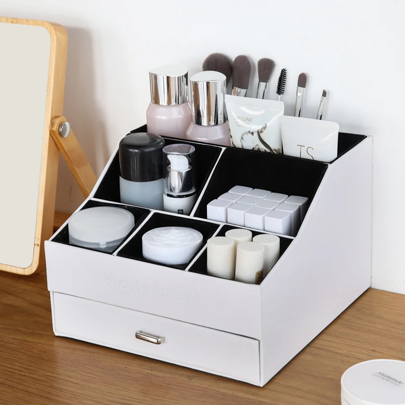 

Fashion Makeup Organizer Box Desktop PU Leather Storage Drawer Organizer For Cosmetics