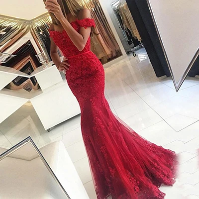 Vestido Formatura на заказ красное платье для выпускного вечера Короткие рукава с открытыми плечами платья расшитое бисером с аппликацтей На Выпускной платья Vestidos De Gala - Цвет: MODEL COLOR